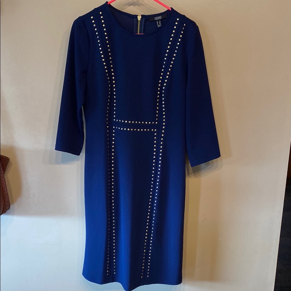 Dennis Basso Blue and White Asymmetrical Embellished Sheath Dress
